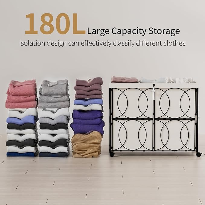 VIPLEO Laundry Hamper with 3 Section, Large 180L Rolling Laundry Basket with Wheels, Metal Heavy Duty Laundry Hamper with Detachable Bags, Dirty Clothes Hamper Organizer for Bedroom, Bathroom(Beige)