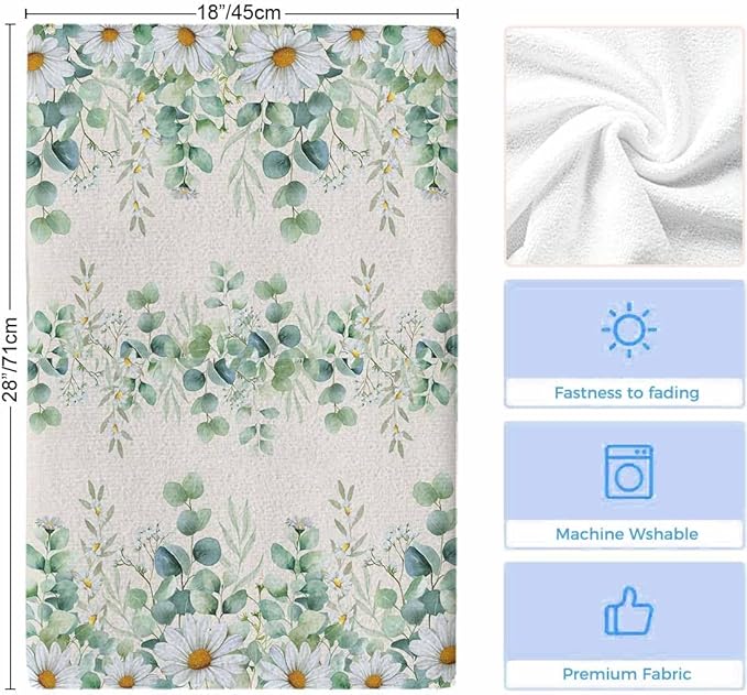 Kitchen Towels Set of 2, Green Eucalyptus Leaves Soft Microfiber Dish Towels, Daisy Summer Botanical Watercolor Absorbent Washable Dishcloths for Kitchen Cleaning, Drying Dishes, 18x28 Inches