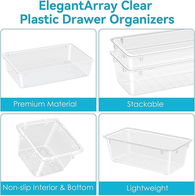 48 PCS Drawer Organizer Set, 4 Sizes Tool Storage Trays, Clear Plastic Makeup Vanity Organizer and Storage Bins for Makeup, Stationeries, Multiple Gadgets for Bathroom, Office, Bedroom