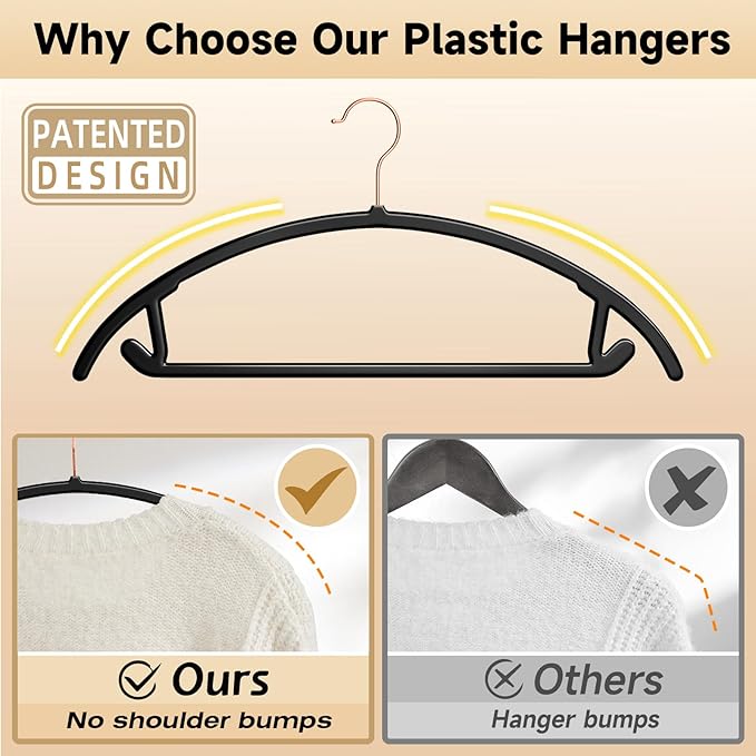 MIZGI Premium Plastic Hangers (Pack of 50) Heavyduty- Black No Shoulder Bump Suit Hangers - Space Saving Clothes,Rounded Hanger for Coat,Sweater,Jackets,Pants