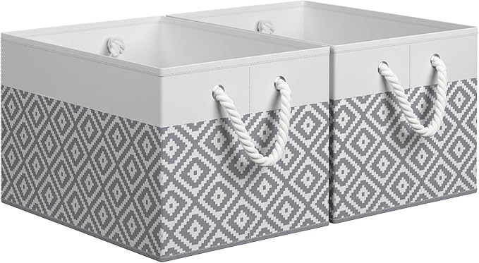 Storage Bins, 2-Pack Large Storage Box with Rope Handles, Collapsible Storage Basket for Organizing Books, Clothes, Rhombic Grey