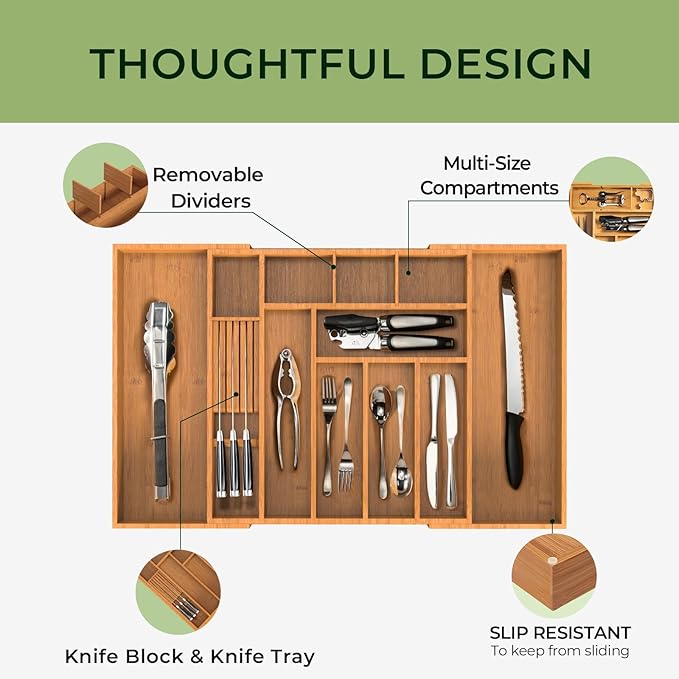 Carbonized Large Bamboo Kitchen Drawer Organizer, 12 Slots Expandable Silverware Organizer, Utensil Holder & Cutlery Tray, 2.5" Deep for Extra Capacity, Non-Slip Feet Included