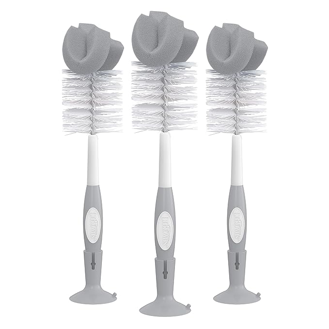 Dr. Brown's Reusable Sponge Baby Bottle Cleaning Brush Set with Suction Cup Stand, Scrubber and Nipple Cleaner, Gray, 3 Pack