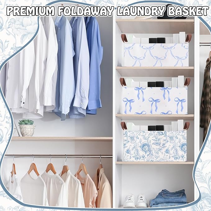Boao 3 Pcs Blue Bow Storage Bin Collapsible Large Storage Baskets for Gifts Empty Candy Holiday Decor Canvas Laundry Basket Foldable Box with Handle for Office Home Bedroom Clothes