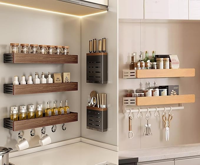 spice rack wood kitchen spice rack wall mounted adjustable adhesive or screw, hung on the door and wall, black large rack for storing items in refrigerators and ovens