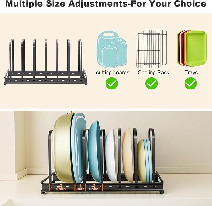 Cutting Board Organizer Rack, 2-Pack Adjustable Bakeware Organizer Holder for Cabinet Countertop, 7 Slots Metal Rack Cookie Baking Sheet, Pot Pan Lids Divider Kitchen Organization Storage, Black
