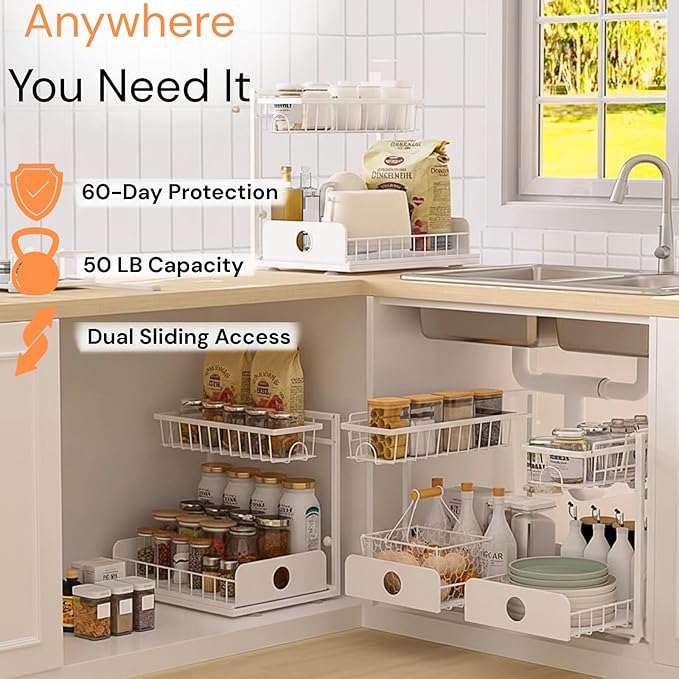 Under Sink Organizer, 1 Pack, 2 Tier Pull Out Sliding Shelf, Adjustable Height, Heavy Duty, Cabinet Organizer for Kitchen Bathroom, Tool-Free Install, White