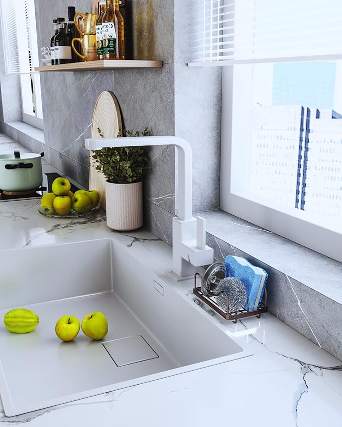 Consumest Kitchen Sink Organizer - Movable Sink Caddy for Countertop Organizer, 304 Stainless Steel Sponge Holder with Detachable Drip Tray for Kitchen Accessories,Bronze