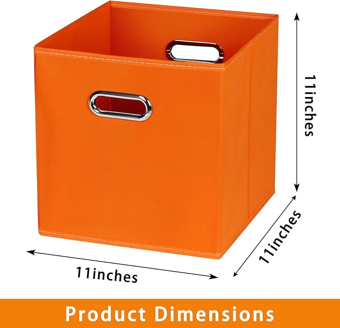 Fabric storage bins Cubes, Fabric Cube Organizer with Handle, Foldable Cube Bins for Cloth or Accessary Storage, 11x11x11, Set of 6, (Orange)