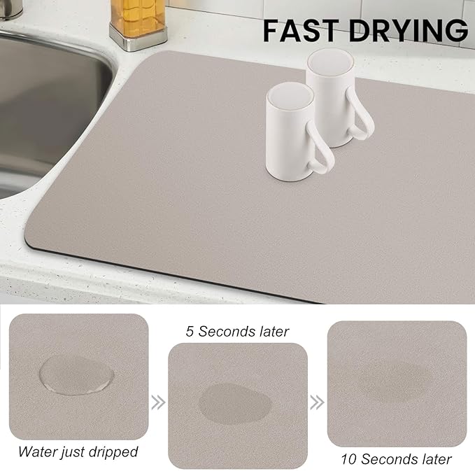 WISELIFE Dish Drying Mat Super Absorbent Drying Mat Large Dish Drying Mats for Kitchen Counter Easy Clean Dish Mat Kitchen Drying Mat18"x 36" Classic Khaki
