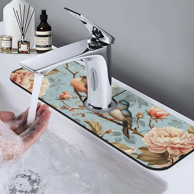 Faucet Draining Mat For Kitchen Sink, Blue Birds Peonies Flowers Diatom Mud Absorbent Drain Pad For Bathroom Kitchen Sink Splash Guard Drying Mat