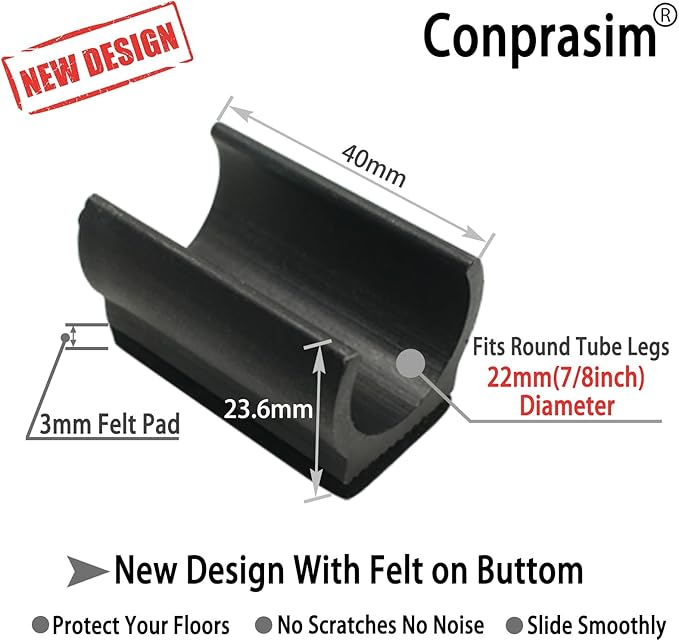 Rectangle U Shaped Chair Leg Tips Caps with Felt Pads,Furniture Feet Protector Slide Smoothly Glides No Scratches No Noise Protect Hardwood Floor,Fit 22mm(7/8inch) Diameter Tubular Leg (Black 8PCS)
