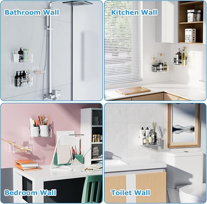 Lsnisni Shower Caddy Acrylic 3 Pack, Adhesive Clear Shower Organizer, Plastic Bathroom Shelves with Self Adhesive Tape, No Drilling, Wall Mounted for Bathroom Storage & Kitchen