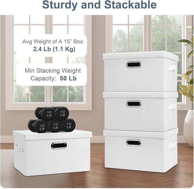Graciadeco Medium 15" 21 Quart Collapsible Stackable Storage Bins with Lids, 5 Packs White Foldable Fabric Closet Storage Boxes with Lids, Lidded Heavy-duty Linen Baskets(15x11x8)