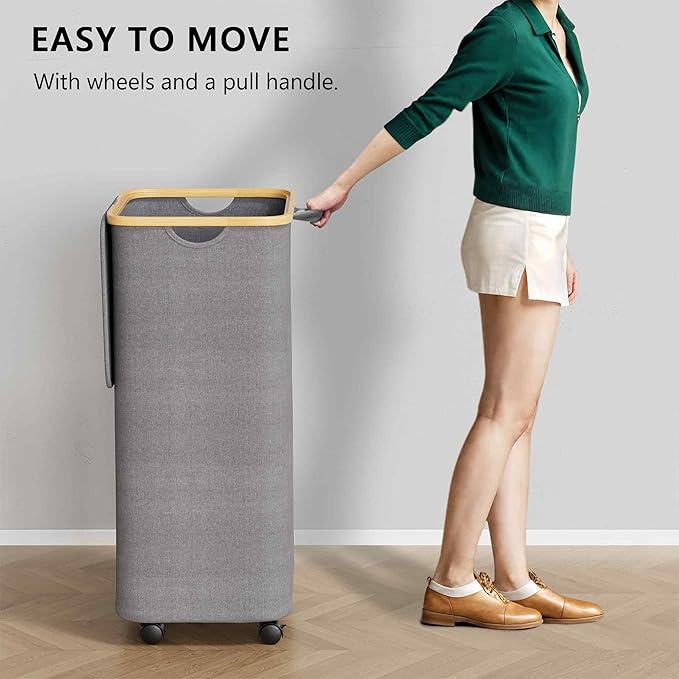 SUOCO Laundry Hamper on Wheels 100L, Clothes Basket with Lid and Bamboo Handles, Foldable Laundry Hamper for Bedroom, Bathroom, Dorm, Laundry Room - Grey