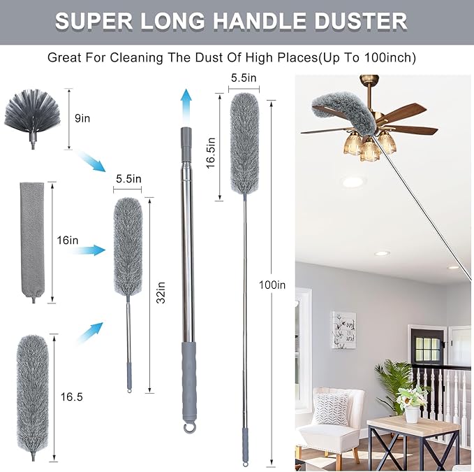 100" Microfiber Feather Dusters for Cleaning, Cobweb Duster with Extension Pole, Spider Web Brush & Ceiling Cleaning Tools, Dust Remover Set for Cleaning High Ceilings, Furniture, Ceiling Fan, Blinds