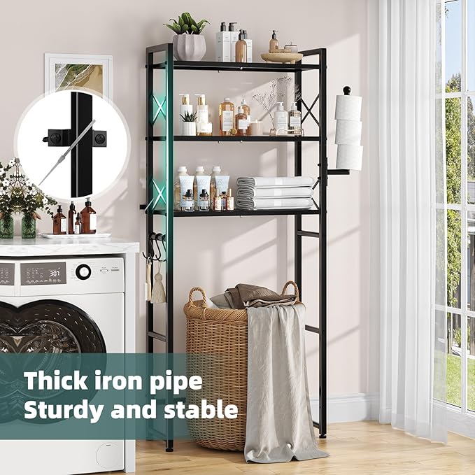 Simple Trending Over The Toilet Storage Rack with Toilet Paper Holder, Heavy Duty Metal 3 Tier Bathroom Organizer Shelf with 3 Hooks,Black