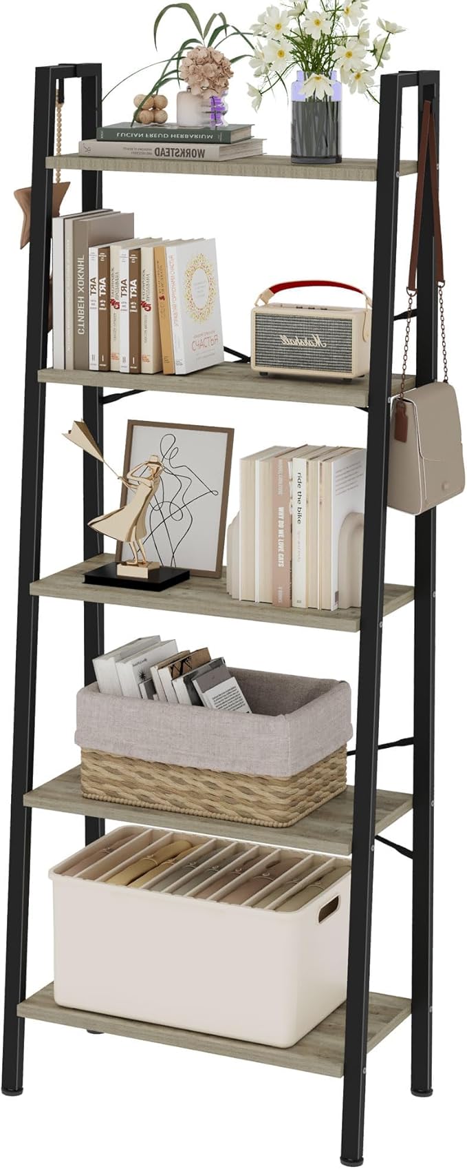 Ladder Shelf, Bookshelf Bookcase, Freestanding Corner Storage Shelve with 2 Hooks for Home Office, Living Room, Kitchen, Bedroom, Industrial, 11.8" D x 23.6" W x 63" H, Greige BC19305B