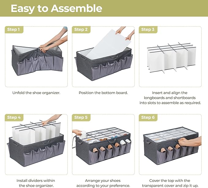 Shoe Organizer for Closet, Shoe Storage Solution with Clear Cover & Adjustable Dividers, Fabric Shoe Box Fits 16 +12 Pairs Shoes, Grey, 2-Pack