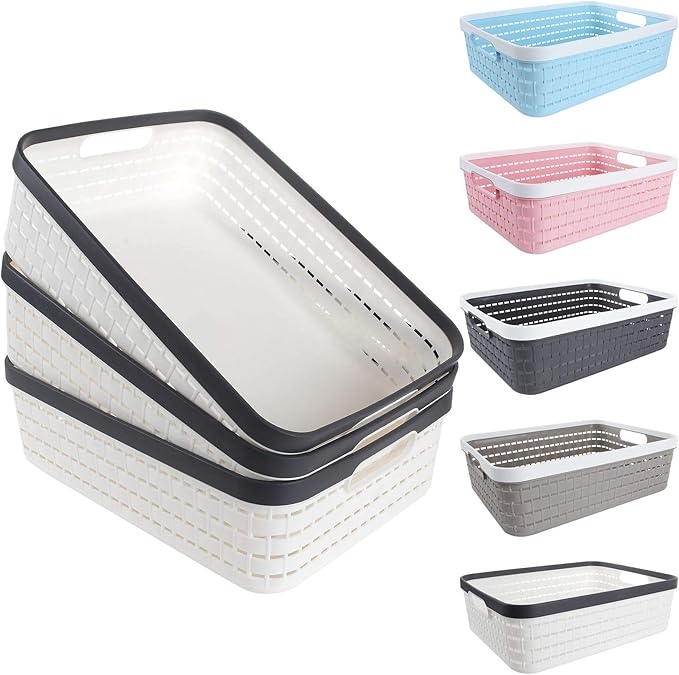 CertBuy 3 Pack Plastic Storage Baskets 14 x 10 x 4.5 Inch, Large Weave Storage Bins with Handle for Cabinet, Shelf, Kitchen, Bedroom, Bathroom and office – White