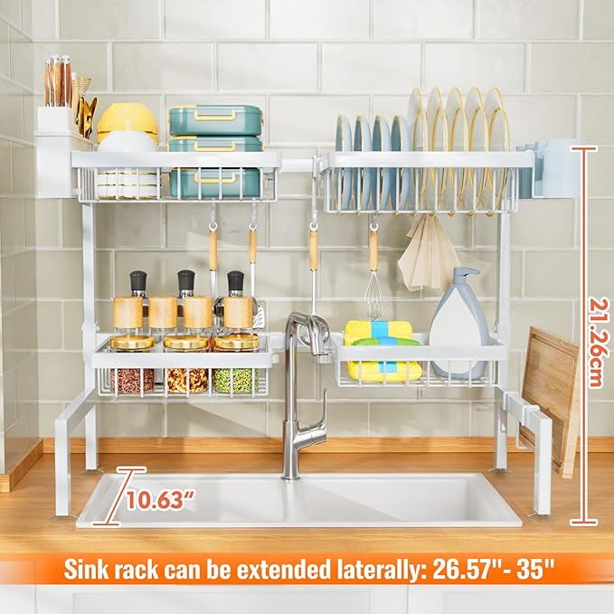 YKLSLH Over Sink Dish Drying Rack, Expandable Large Drying Rack, Suitable for Most Sinks (24.8"-35.4"), Adjustable Metal Rack, Space Saving, White