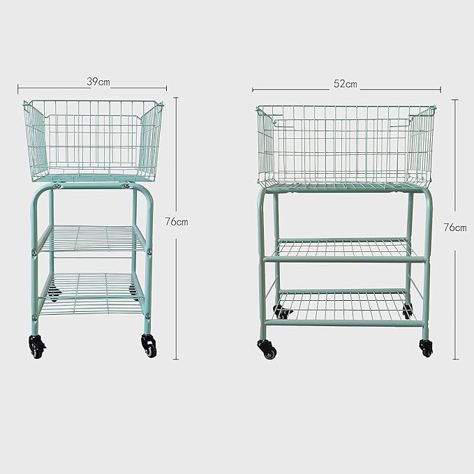 3 layerS rolling wire laundry basket,easy moved laundry cart for clothes,pants laundry. children toys organization cart,metal cart with metal frame,enlarge the storage (MINT)
