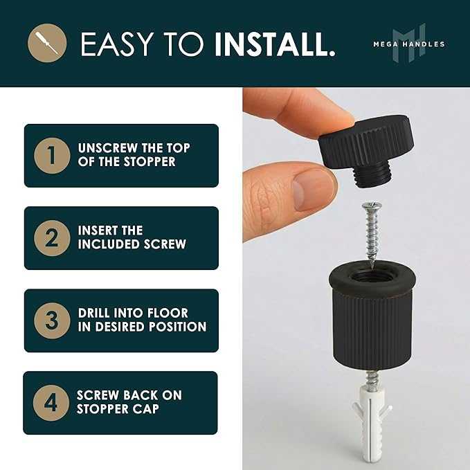 Mega Handles Linear Floor Door Stopper, Quickly Installed Wall Protector, Wall Protectors from Door Knobs, Floor Door Stop with Mounting Hardware Included - Matte Black - 2 Inch