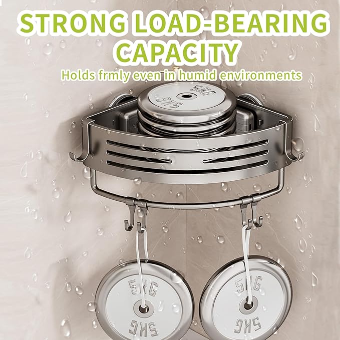 Shower Caddy Suction Cup, No Drilling Rustproof Bathroom Shower Shelf,Corner Shower Shelves with 6 Portable Hooks, Removable Bath Organizer with Towel Bar for Bathroom Hanging Storage(Gray)