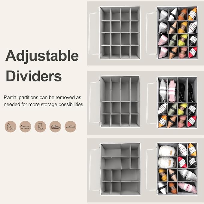 Shoe Organizer for Closet, Foldable Shoe Box with Adjustable Dividers and Clear Cover, Space Saving Shoe Storage Organizer Cabinet with Reinforced Handles, Fits 16 Pairs TP09WG