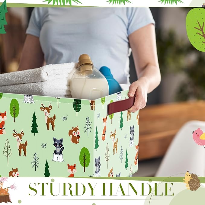 Boao 3 Pack Woodland Animals Storage Baskets for Gifts, Collapsible Large Forest Animals Storage Bins Bear Fox Raccoon Tree Foldable Empty Canvas Laundry Basket with Handle for Nursery Home Bedroom