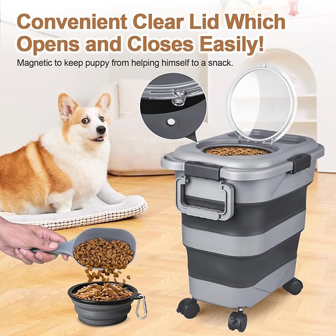 Dog Food Storage Container，10-25 lbs Airtight Collapsible Cat Food Storage Container with Attachable Wheels, Portable Handle, Dog Food Scoop for Dog Cat Bird Pet Dry Food Storage Bin Dark Grey