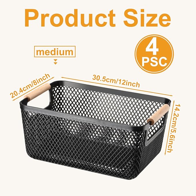 Tioncy 4 Pcs Plastic Mesh Baskets with Wood Handle Woven Mesh Storage Organizer Bins Multi-function Rectangle Baskets for Home Pantries Shelves Closet Kitchens Bedrooms(12.01 x 8.03 x 5.59 Inches)