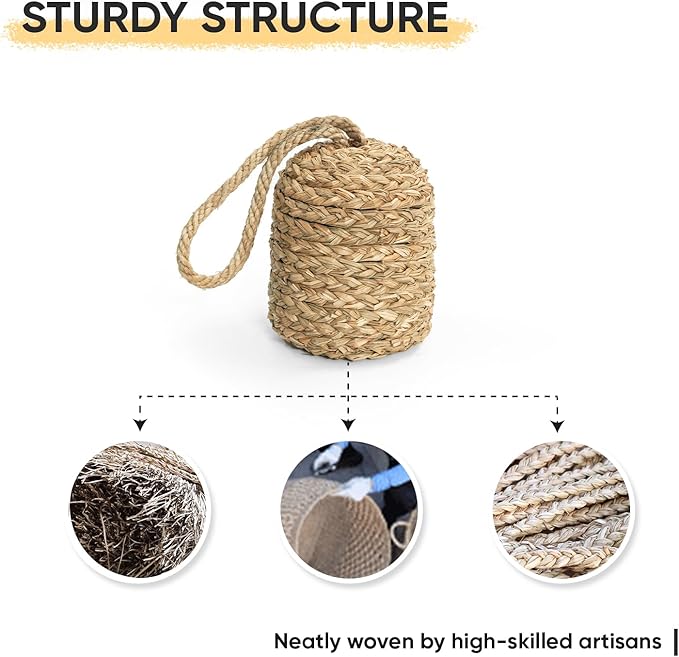Decorative Door Stop With Handle - Natural Water Hyacinth Nautical Doorstop for Inside, Weight to Keep Open - Cute Stoppers for Bottom (Seagrass/Concrete), Beige