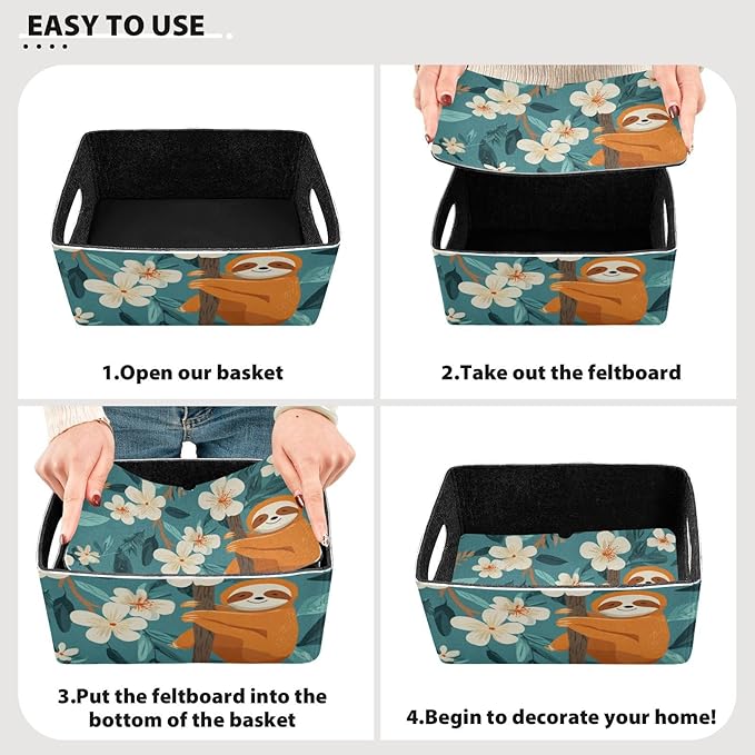 Closet Storage Bins 2 Pcs Felt Open Home Storage Containers Organizer with Handles Collapsible Shelf Basket for Home Office Craft Room Classroom Fabric Sloths Flowers Blue