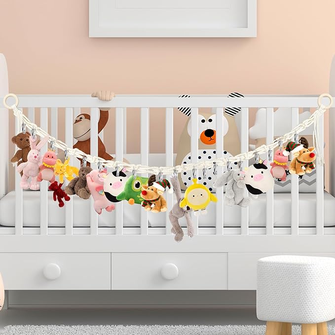 Stuffed Animal Storage Hammock Corner - Hanging Stuffed Animal Holder with 20 PCS Metal Clips, Boho Stuffed Animal Organizer Chain for Hanging Hats Socks Holiday Cards