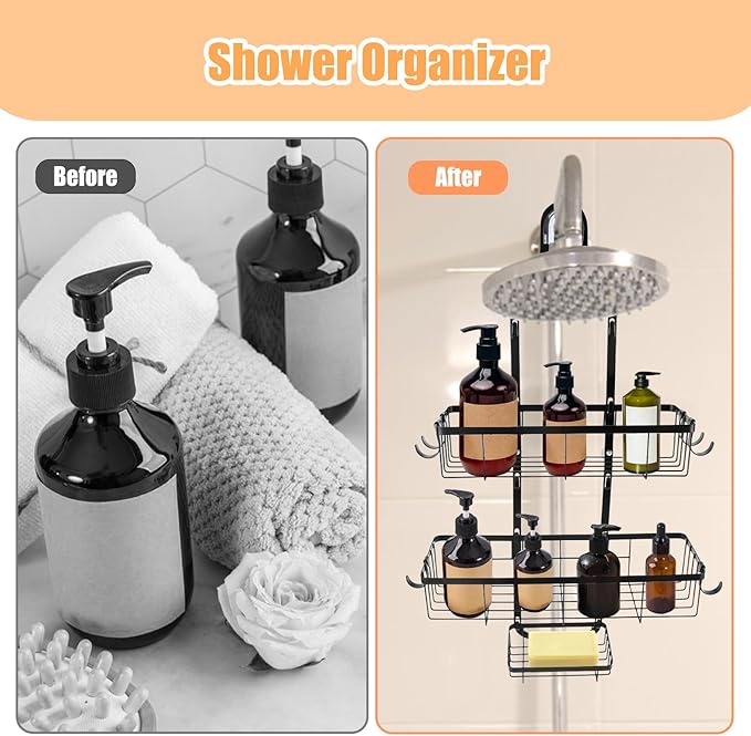 Bathroom Shower Caddy Hanging, Rustproof Waterproof Shower Organizer Shelf, No Drilling Storage Rack with 6 Hooks for Towels Sponge Shampoo Soap, Black