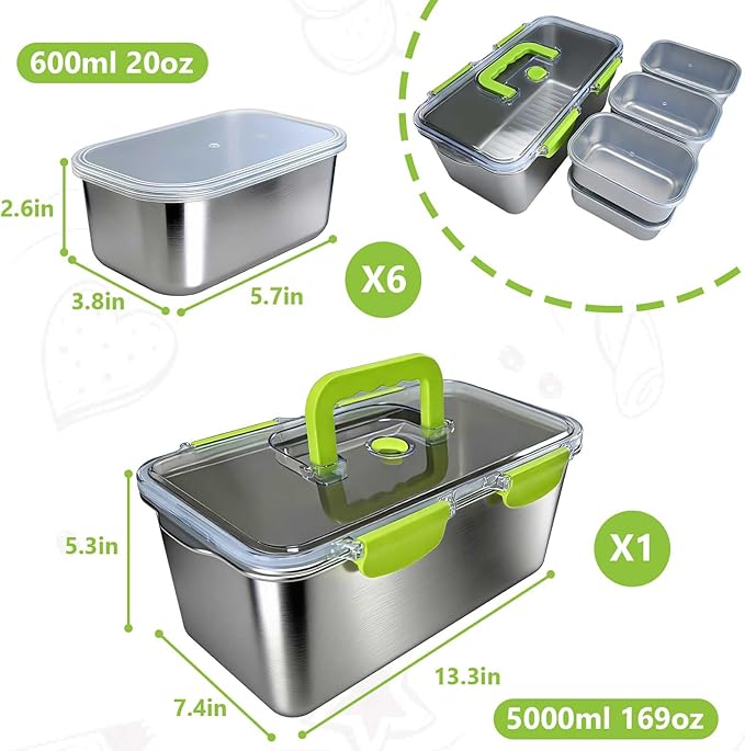 YINGRACE 7-Piece 304 Stainless Steel Food Storage Containers Set with Clear Lids, Meal Prep Deli Meat Container Fridge Organizers, Bacon Cheese Container, Dishwasher Safe, Two Sizes, 169oz and 20oz