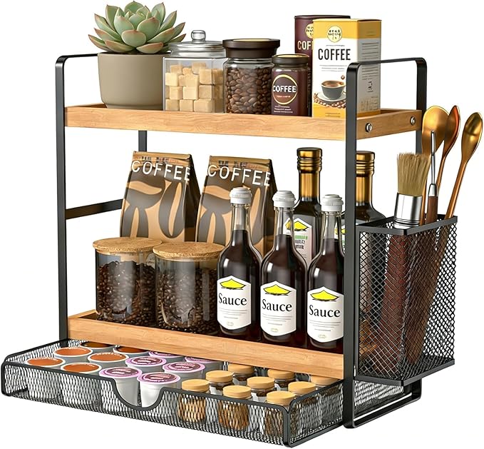 2 Tier Spice Rack Organizer for Countertop with Drawer and Basket, Suitable for Coffee Organizer, Kitchen Counter Storage, Bathroom Storage