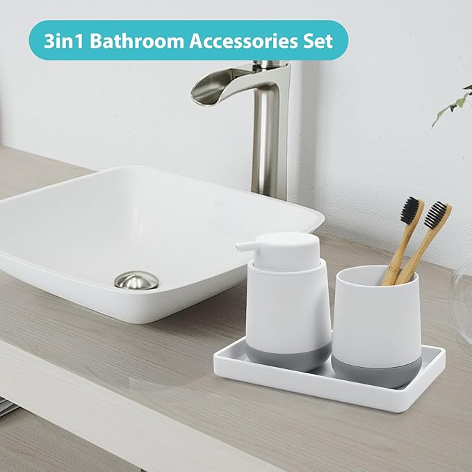 White Bathroom Countertop Accessories Set - Soap Dispenser and Toothbrush Holder with Silicone Boot,Vanity Tray (White Foam)