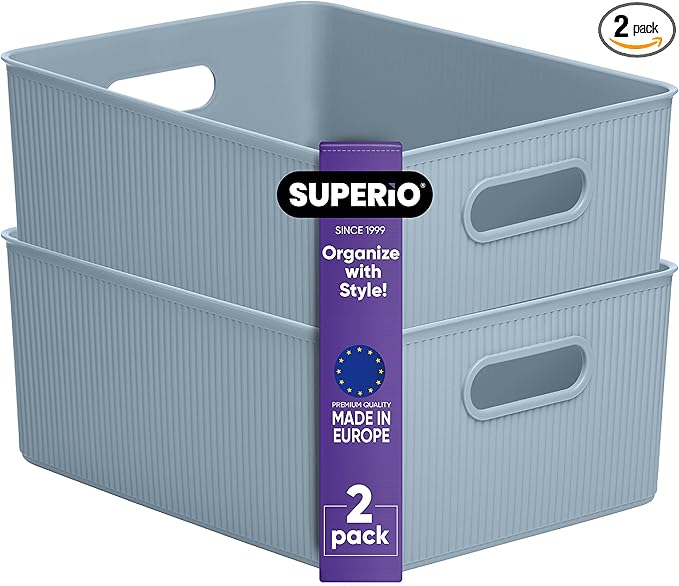 Superio Ribbed Collection - Decorative Plastic Basket Open Home Storage Bins Organizer, Large Blue (2 Pack) Container Boxes for Organizing Closet Storage Bins for Shelves 15 Liter/16 Quart