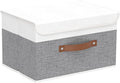 Yawinhe Collapsible Storage Bin, Cube Organizer Basket, Fabric Box with Lids, Washable and Leather Handle, for Home, Closet, White/Grey, 13.0''Lx9.0''Wx7.9''H, 1-Pack, SNK024WGS-1