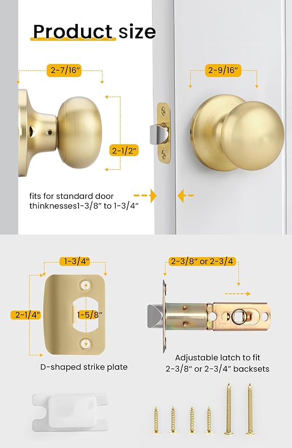 Goldenwarm Gold Closet Door Knobs, Passage Door Knobs, Brushed Gold Door knob Without Lock for Hallway, Closet(3 Pack)
