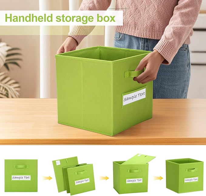 artsdi 13x13 storage cube bins (Set of 10) Foldable Fabric storage cubes with 10 Labels Window Cards & a Pen,13 inch cube storage bins,Closet Organizers for Shelves,Cubby Organizer Boxes,lime green