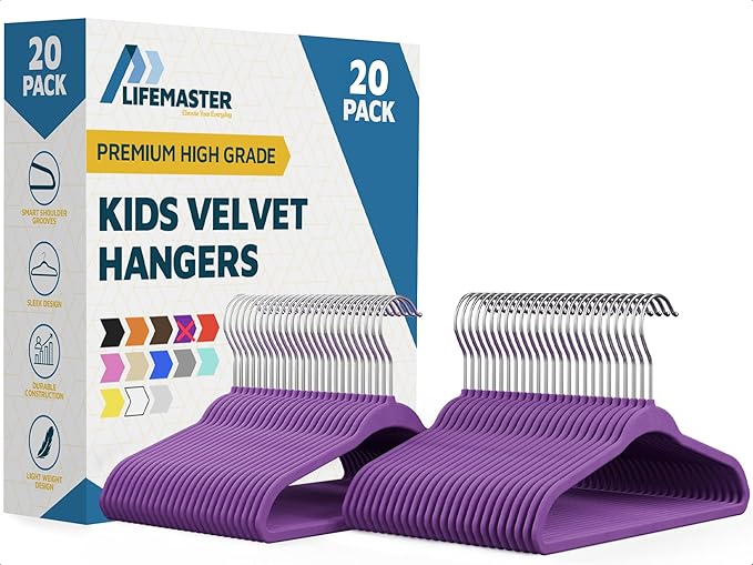 Purple Velvet Kids Hangers 20 Pack, 10.83" Non-Slip Baby & Toddler Hangers for Clothes, Space-Saving Slim ABS Plastic with 360° Swivel Hook & Notched Shoulders, Up to 10 lb Capacity