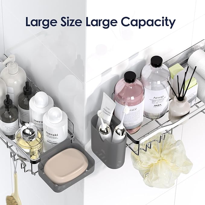 Shower Caddy Adhesive Shower Organizer 7-Pack, Rustproof Stainless Steel Bathroom Shelves, Large Capacity No-Drill Rack Storage Accessories with Soap Dish Toothbrush Holder Hooks