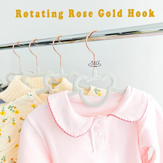 30 Pack Gray Velvet Baby and Kids Clothes Hangers - 12.6in for Ages 4-10, with Cute Bear, Rotating Rose Gold Hook, Non-Slip, Space-Saving Slim Felt Hangers for Toddler Coats, Jackets, Dresses