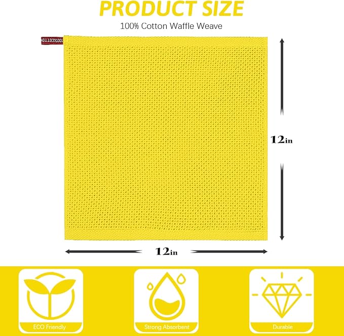 Nialnant 4 Pack Yellow Kitchen Dish Towels, 100% Cotton Waffle Weave Kitchen Dish Cloths for Washing Dishes, Soft Absorbent Dish Rags, Quick Drying Cleaning Rags - 12x12 in