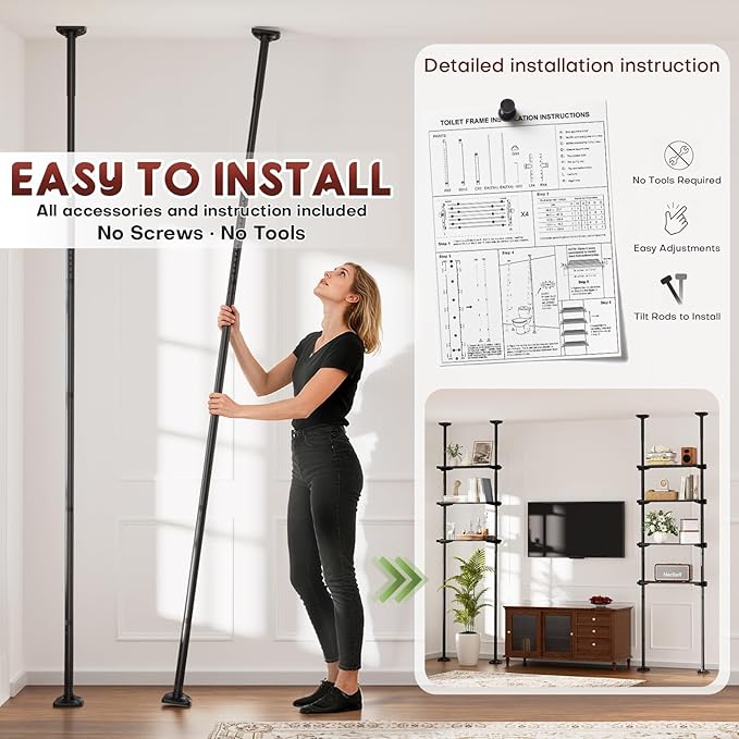 Goovilla Over The Toilet Storage Shelf, 4 Tier Bathroom Organizer Shelves with 64-124inch(H) 15-27inch(W) Adjustable No Drilling Tension Mounting, Black Space Saver Bathroom Shelf Rack Above Toilet