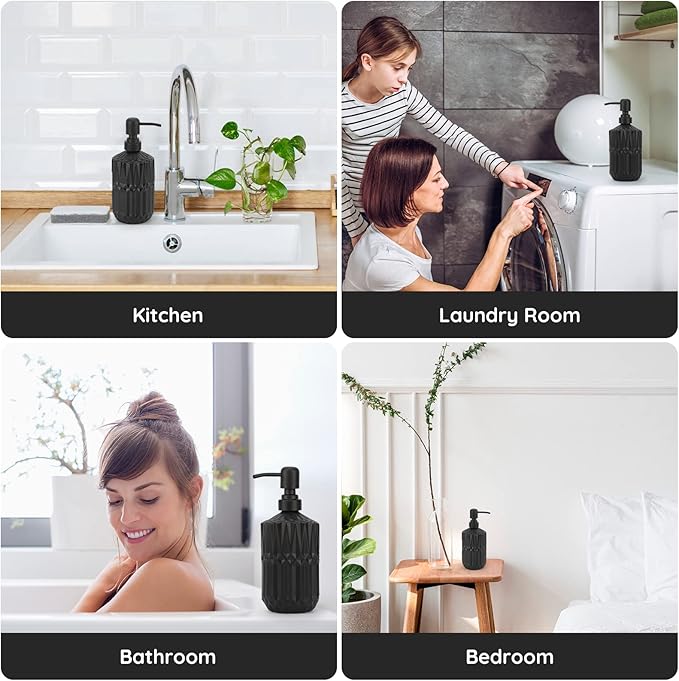 Segbeauty Black Soap Dispenser, 2pcs 15.2oz Glass Pump Bottles with Labels for Farmhouse Decor, 450ml Empty Refillable Kitchen Soap Dispenser Set Bathroom Accessories for Western Modern Home Decor