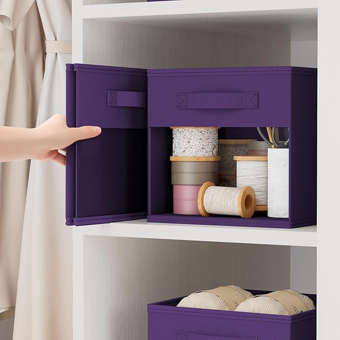 DIMJ Cube Bins, 12.2-Inch Storage Bins Cubes with Window, 6 Packs Collapsible Storage Bins with Handles, Closet Storage Baskets for Organizing Living Room, Office, 6 Pack,Purple